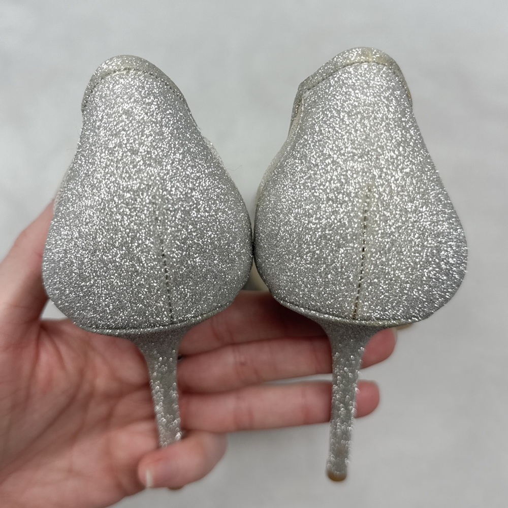 Jimmy Choo Silver and Ivory Glitter Mesh Pointed-Toe Heels - Picture 10 of 16